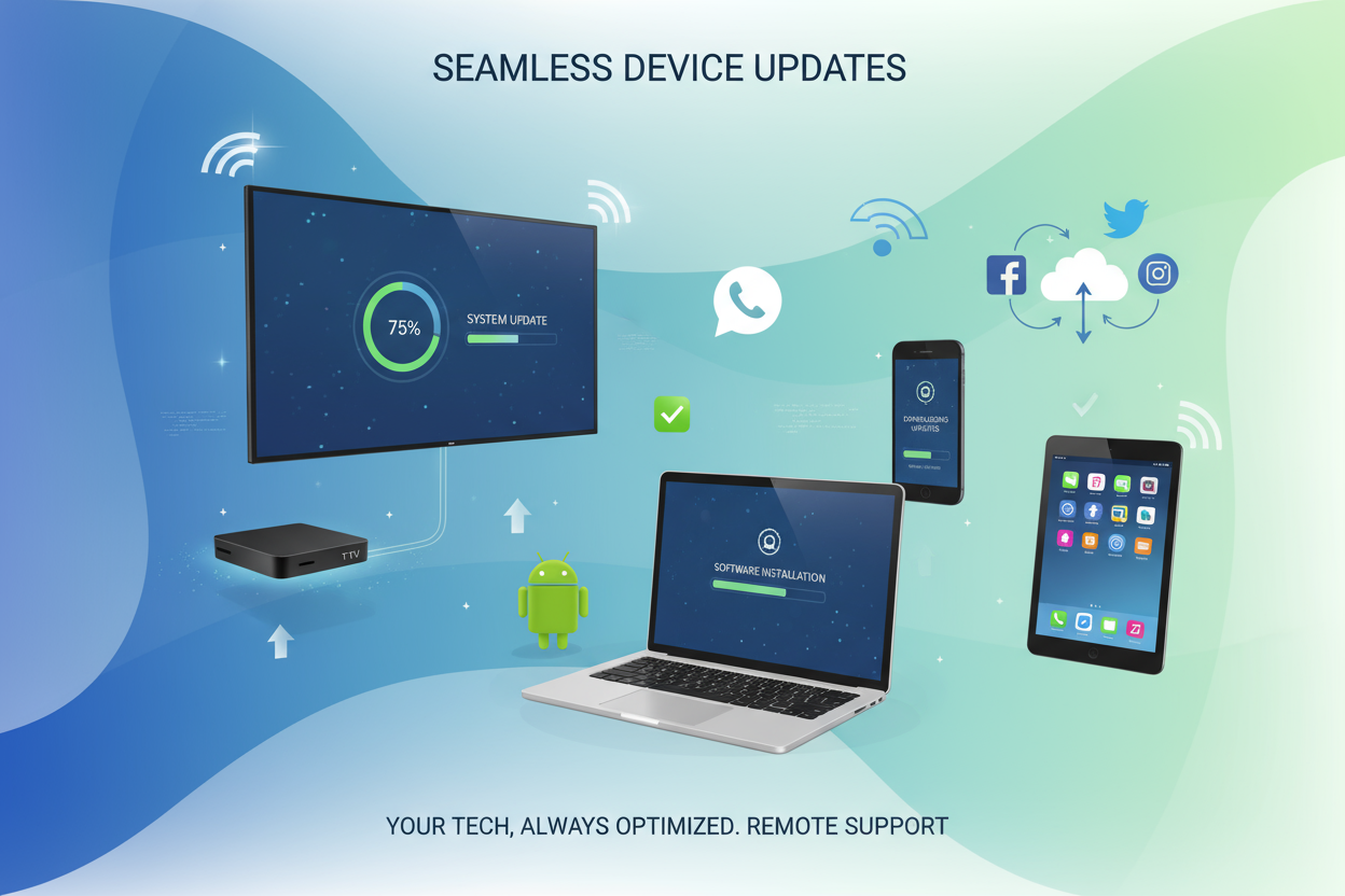 Gardez vos appareils électroniques à jour et performants !
Nous assurons la mise à jour logicielle de vos Smart TV, Android Box, ordinateurs, smartphones et tablettes. Notre équipe vous guide à distance via WhatsApp, téléphone ou réseaux sociaux, pour garantir un système fluide, rapide et sécurisé.
💡 Ce que comprend le service :
Vérification de la version actuelle et compatibilité de mise à jour
Assistance complète à distance pour l’installation des mises à jour
Nettoyage logiciel et suppression des fi
