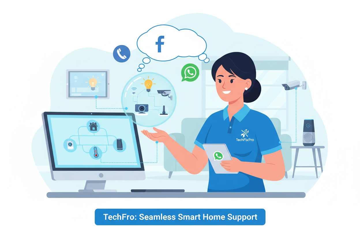 Service professionnel fourni par TechFixPro. Assistance complète via WhatsApp, téléphone ou réseaux sociaux pour : assistance à la connexion d’appareils domotiques.