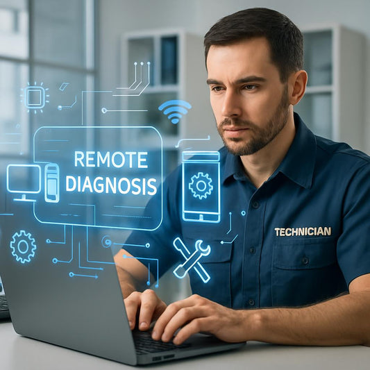 A professional technician providing remote electronic device diagnosis via a laptop, with digital interface visuals and tech symbols, in a modern office setting.