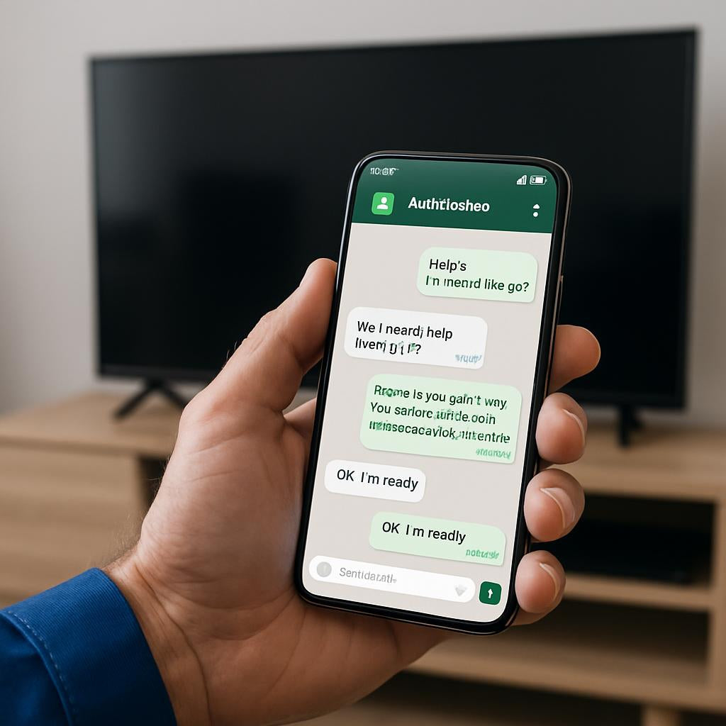 Close-up of a technician's hand holding a smartphone displaying a chat with TechFixPro, with a smart TV in the background, emphasizing remote technical support services.