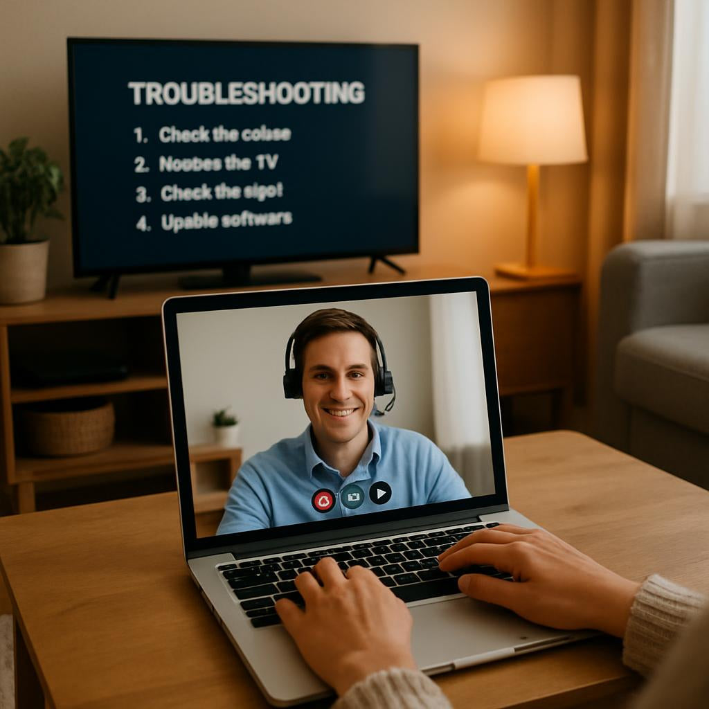 A customer service representative on a video call on a laptop, helping a customer troubleshoot their smart TV, with a cozy home environment and a visible smart TV screen showing troubleshooting steps.
