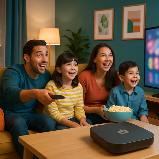 A vibrant, lifestyle scene showing a family enjoying entertainment on their TV, with the Android Box in view, symbolizing successful setup and seamless streaming experience.