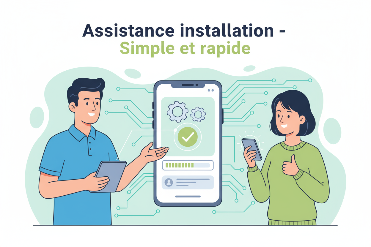 Illustration d’un technicien guidant un client par smartphone.

Texte sur l’image : “Assistance installation – Simple et rapide”.