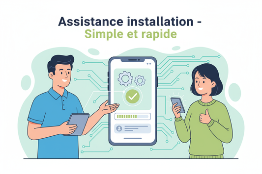 Illustration d’un technicien guidant un client par smartphone.

Texte sur l’image : “Assistance installation – Simple et rapide”.
