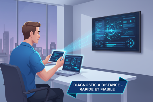 Illustration d’un technicien regardant un téléviseur via smartphone ou ordinateur.

Texte sur l’image : “Diagnostic à distance – Rapide et Fiable”.