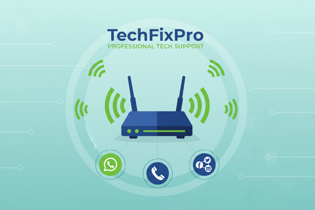Service professionnel fourni par TechFixPro. Assistance complète via WhatsApp, téléphone ou réseaux sociaux pour : assistance pour routeurs et wi-fi.