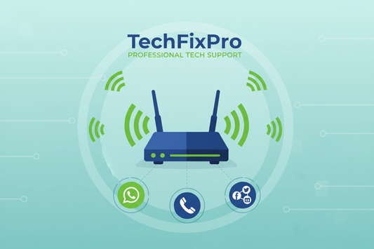 Service professionnel fourni par TechFixPro. Assistance complète via WhatsApp, téléphone ou réseaux sociaux pour : assistance pour routeurs et wi-fi.