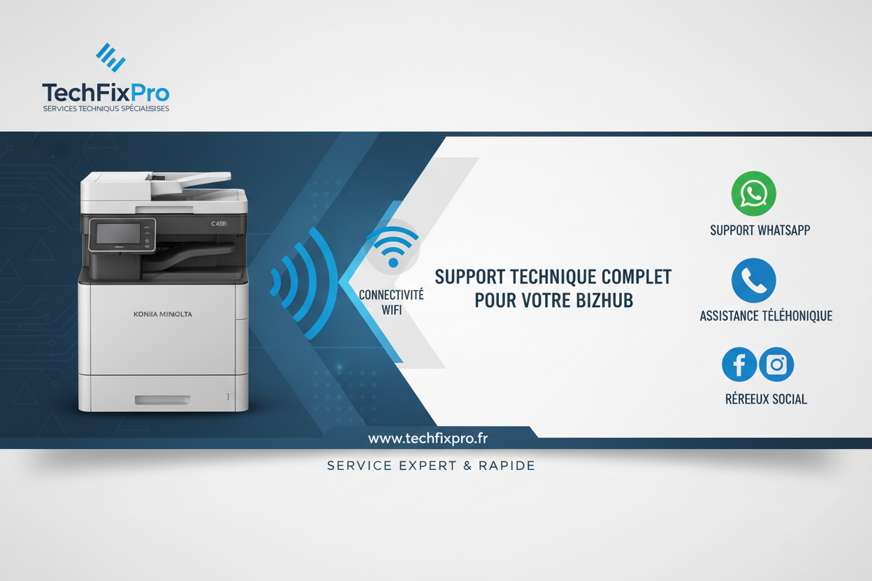 Service professionnel TechFixPro dédié aux imprimantes Konica Minolta Bizhub. Assistance complète via WhatsApp, téléphone ou réseaux sociaux pour : assistance connexion wi-fi bizhub.