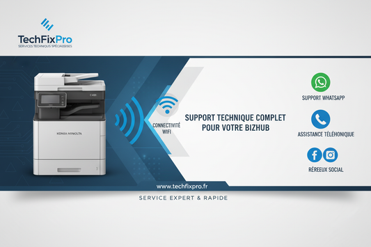 Service professionnel TechFixPro dédié aux imprimantes Konica Minolta Bizhub. Assistance complète via WhatsApp, téléphone ou réseaux sociaux pour : assistance connexion wi-fi bizhub.