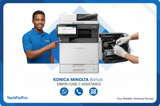 Service professionnel TechFixPro dédié aux imprimantes Konica Minolta Bizhub. Assistance complète via WhatsApp, téléphone ou réseaux sociaux pour : assistance pour erreur code c bizhub.