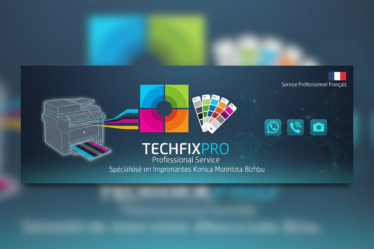 Service professionnel TechFixPro dédié aux imprimantes Konica Minolta Bizhub. Assistance complète via WhatsApp, téléphone ou réseaux sociaux pour : calibration des couleurs bizhub.