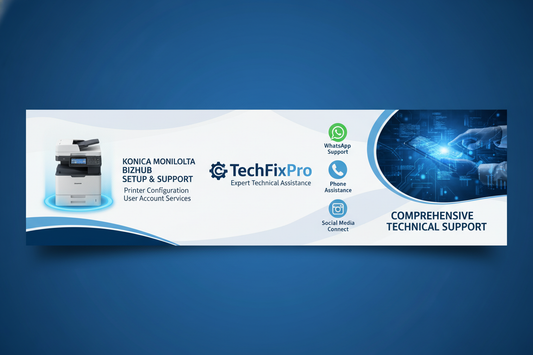 Service professionnel TechFixPro dédié aux imprimantes Konica Minolta Bizhub. Assistance complète via WhatsApp, téléphone ou réseaux sociaux pour : configuration des comptes utilisateurs bizhub.