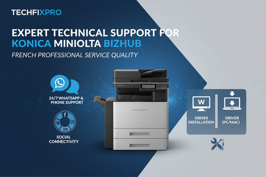 Service professionnel TechFixPro dédié aux imprimantes Konica Minolta Bizhub. Assistance complète via WhatsApp, téléphone ou réseaux sociaux pour : installation de pilotes bizhub sur pc/mac.