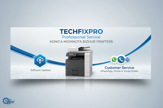 Service professionnel TechFixPro dédié aux imprimantes Konica Minolta Bizhub. Assistance complète via WhatsApp, téléphone ou réseaux sociaux pour : mise à jour logicielle bizhub.
